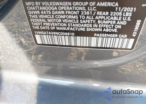 2022 Volkswagen Passat 2.0T Se из США, поврежденный, VIN 1VWSA7A39NC006910